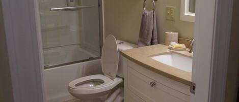 Un bagno con il water, lavandino e doccia.
