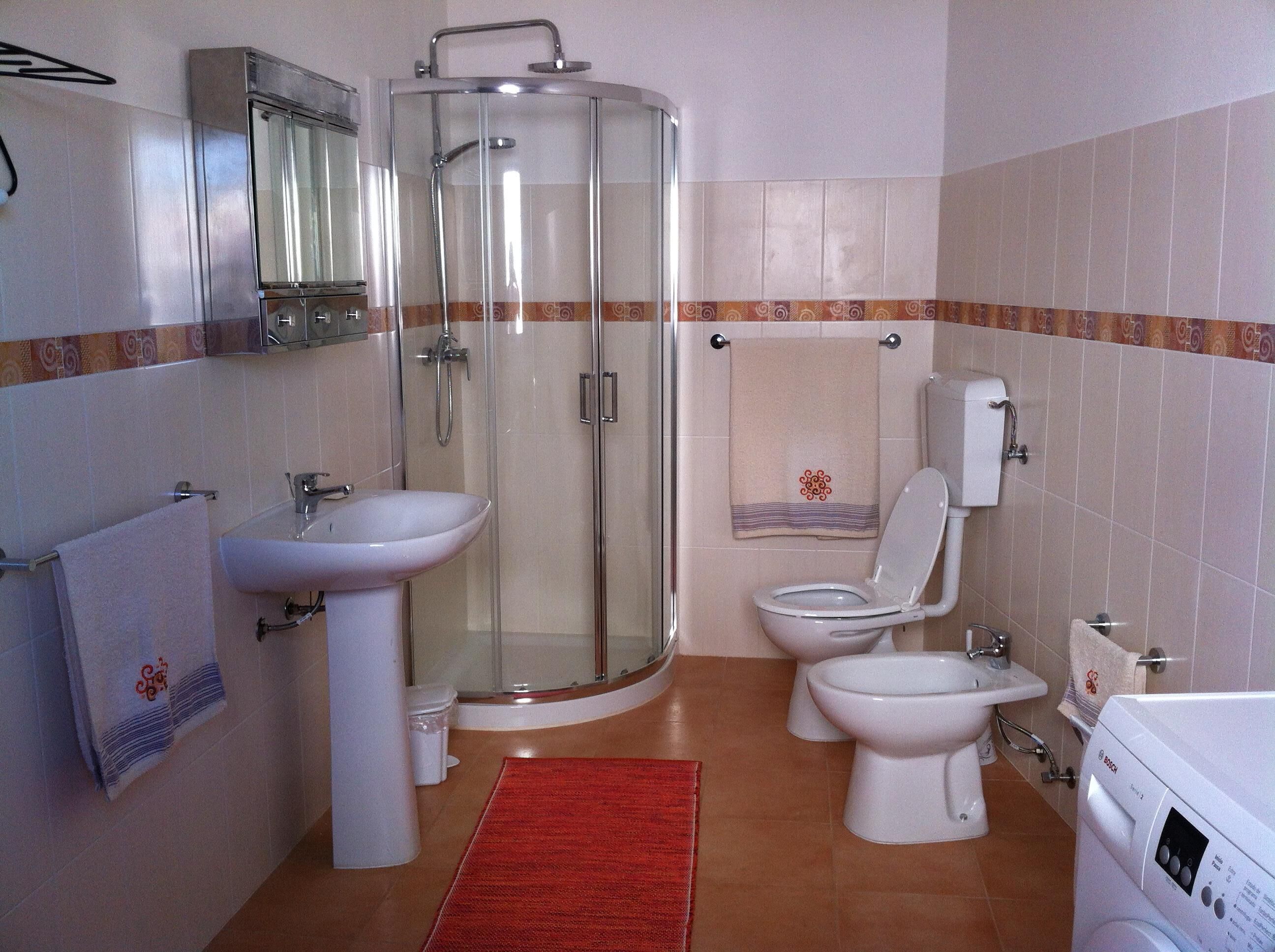 Hair dryer, towels, soap