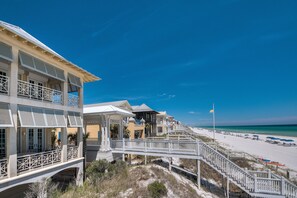 On the beach, sun-loungers, beach towels