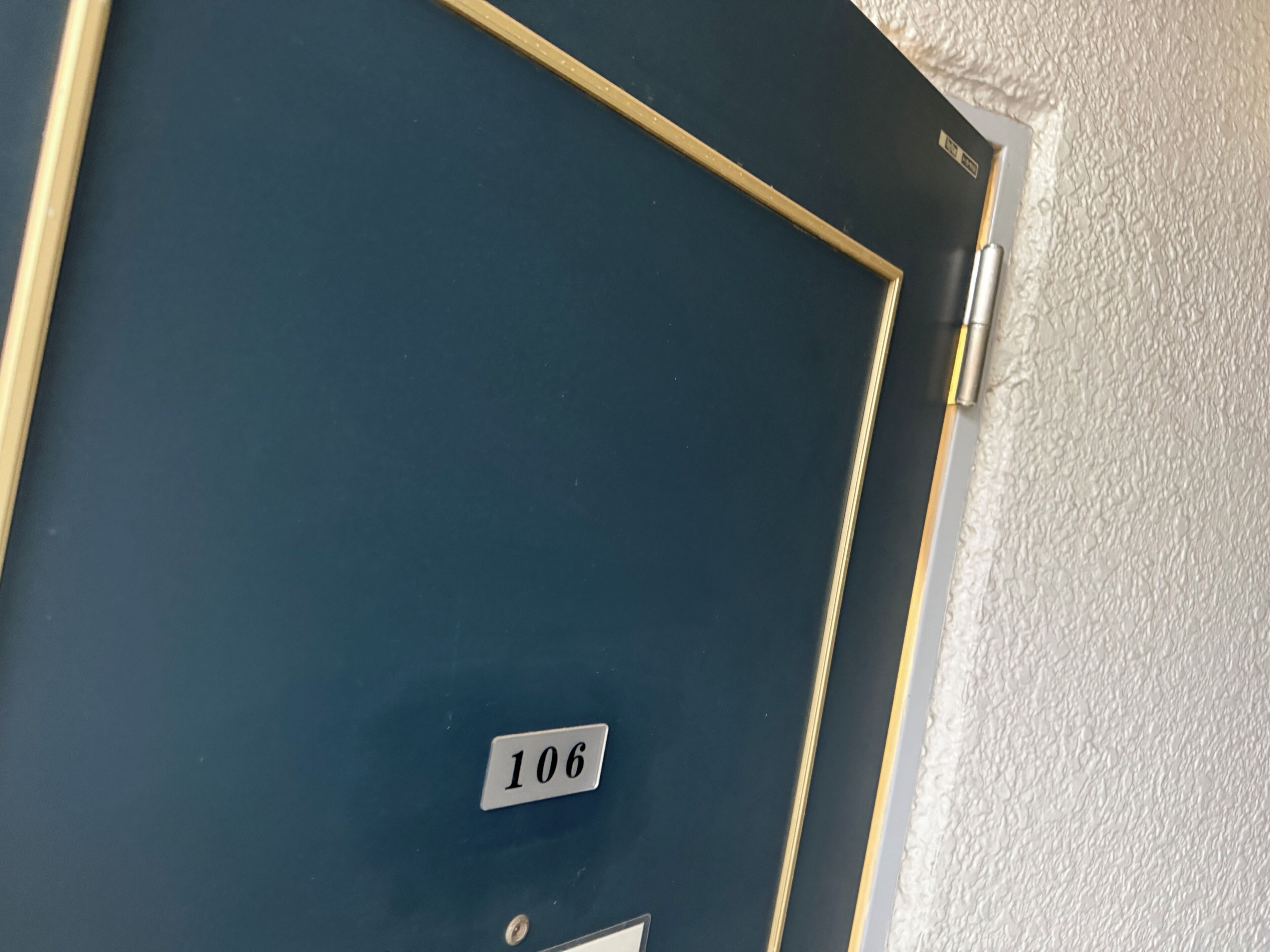 A dark blue door with a gold frame and a white label with the number '106'.