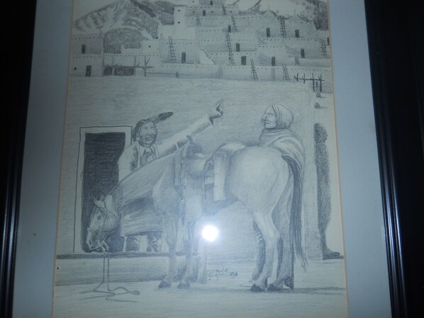 A detailed pencil sketch of a historical scene with figures and a horse, likely depicting a significant event or story. - Casita Rael, an Art lovers get-a-way (Taos)