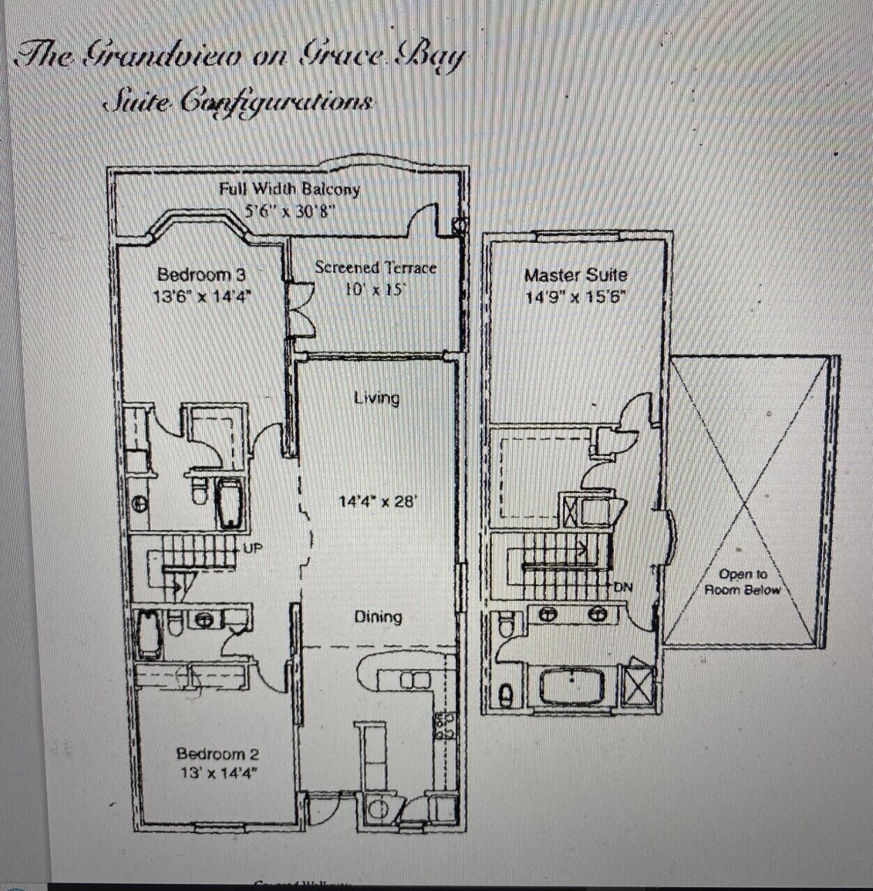 Ein Grundriss einer Suite mit einem breiten Balkon, zwei Schlafzimmern, einem Wohnbereich, einem Essbereich und einer Master Suite.