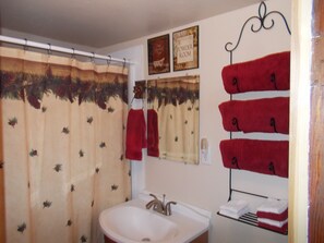 Dusche, Haartrockner, Handtücher, Seife