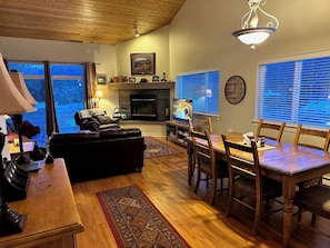 Smart TV, fireplace, video games, DVD player