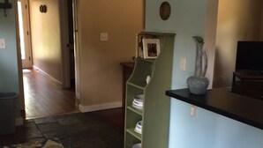 A kitchen with a blue countertop, a green shelf unit, and a patterned rug.