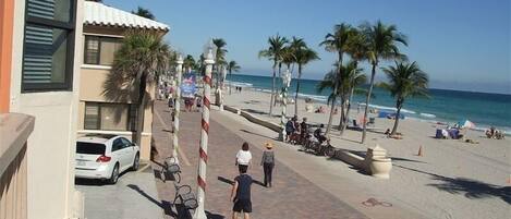 On the beach, sun-loungers, beach towels