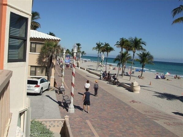 On the beach, sun loungers, beach towels