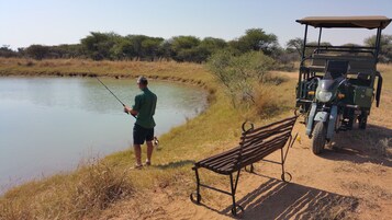Un hombre pesca en un estanque tranquilo, cerca hay un banco y un carrito de golf.