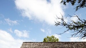 A traditional half-timbered house with a stone pathway leading to a wooden gate. - Settlers Crossing (Fredericksburg)