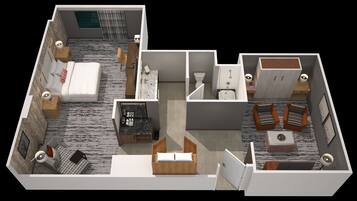 Un plan 3D d’une chambre d’hôtel comprenant un lit, un bureau, une chaise, une armoire, une salle de bain et un coin salon avec un canapé et une table basse.