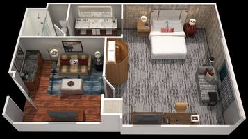 Un plano de planta en 3D de una habitación de hotel que incluye un baño, una sala de estar con sofá y una mesa de centro, un dormitorio con cama y mesitas de noche, y un escritorio pequeño con una silla.
