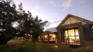 A modern house with large windows and a covered porch, surrounded by trees and grass. - Kupferquelle Resort (Tsumeb)