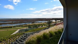 Une vue depuis une fenêtre donnant sur un espace paysager agrémenté de diverses plantes et sur une étendue d’eau au loin.