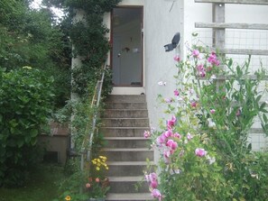 Stroll through a serene garden setting, surrounded by lush greenery and vibrant flowers.