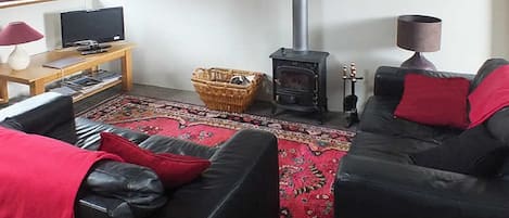 A living room with a black leather sofa, a red throw blanket, a television on a wooden table, a fireplace, and a bookshelf.