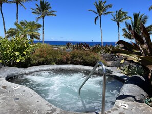 Ein Whirlpool mit einer Metallleiter, umgeben von tropischen Pflanzen und Felsen, mit Blick auf den Ozean und Palmen im Hintergrund.