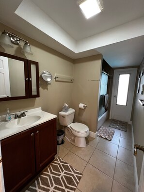 Shower, hair dryer, towels