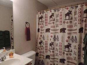 Bathtub, jetted tub, hair dryer, towels