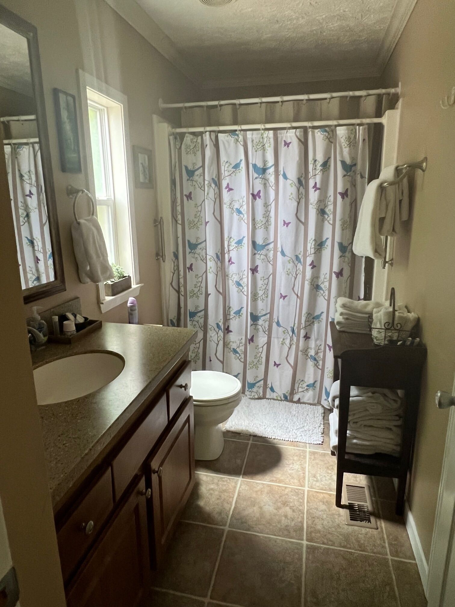 Un baño con lavamanos, inodoro y cortina de ducha con motivos de aves y mariposas.