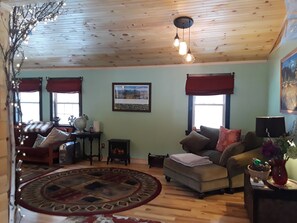 Televisor, llar de foc, llibres i estèreo 