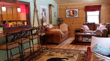 TV, fireplace, books, stereo
