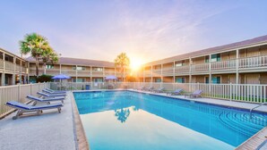 A hotel pool area with sun loungers and umbrellas, surrounded by a fence and palm trees. - Come enjoy one of Port Aransas best hidden gems! Cozy condo, just a block from t (Port Aransas)