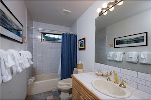 A bathroom with a bathtub, toilet, vanity with a sink, and a large mirror. - Tree Haus Chalet (Steamboat Springs)