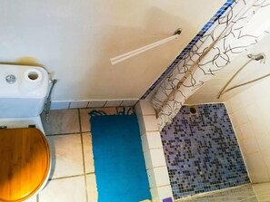 A bathroom with a toilet, a sink, a shower with mosaic tiles, and a blue bath mat.