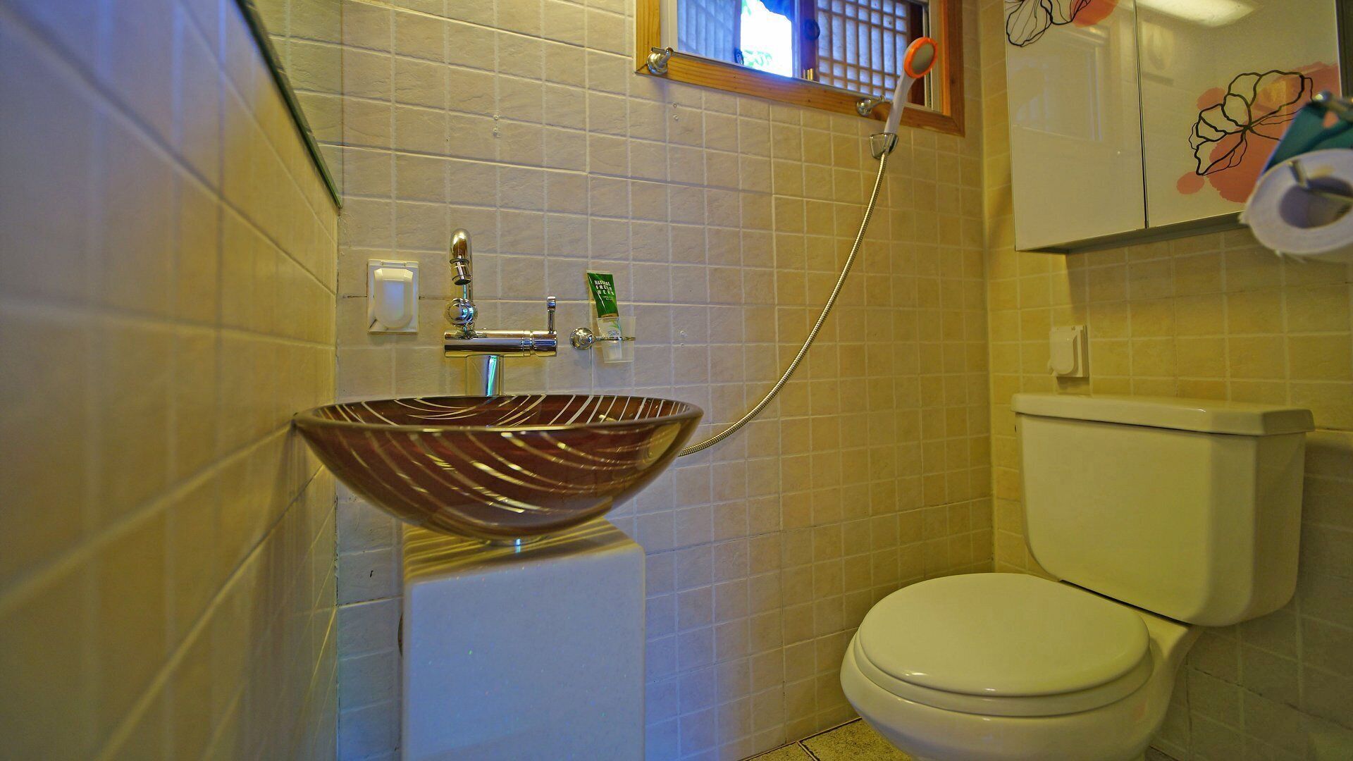 A bathroom with a vessel sink, a toilet, and a shower.