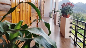 A wooden balcony with potted plants and a view of greenery and mountains. - Diep Le Homestay (Phong Nha)