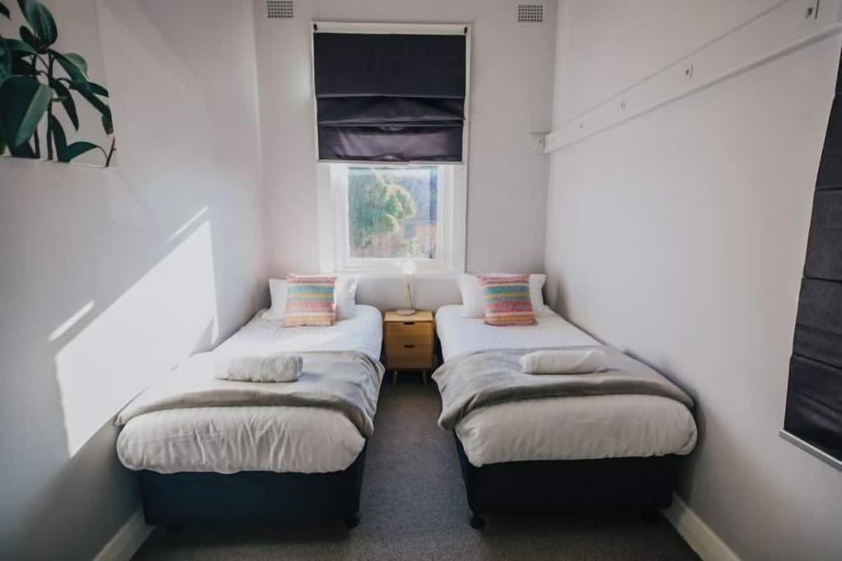 A small, narrow room with two beds, a window with blackout curtains, a bedside table, and a plant on the left wall.