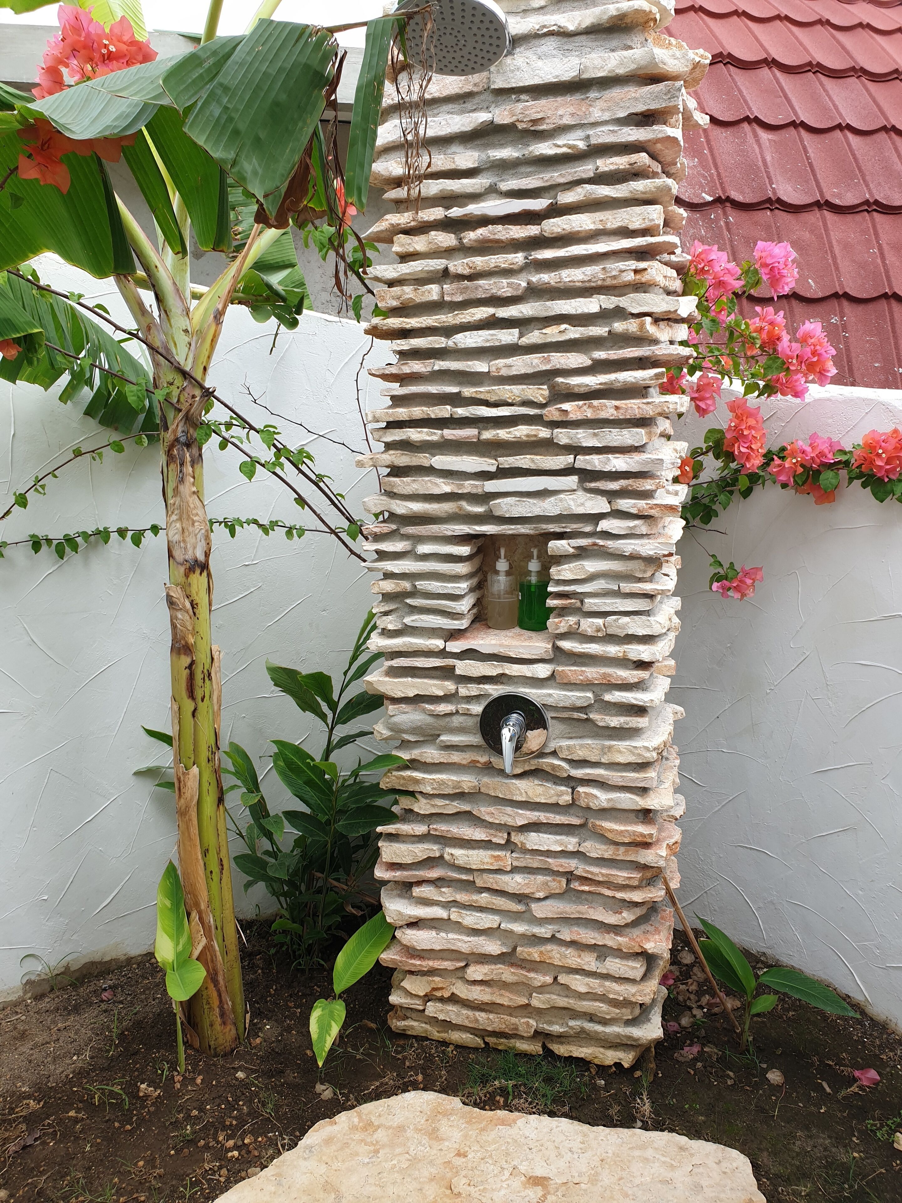 A stone wall with a water spout, surrounded by plants and flowers.