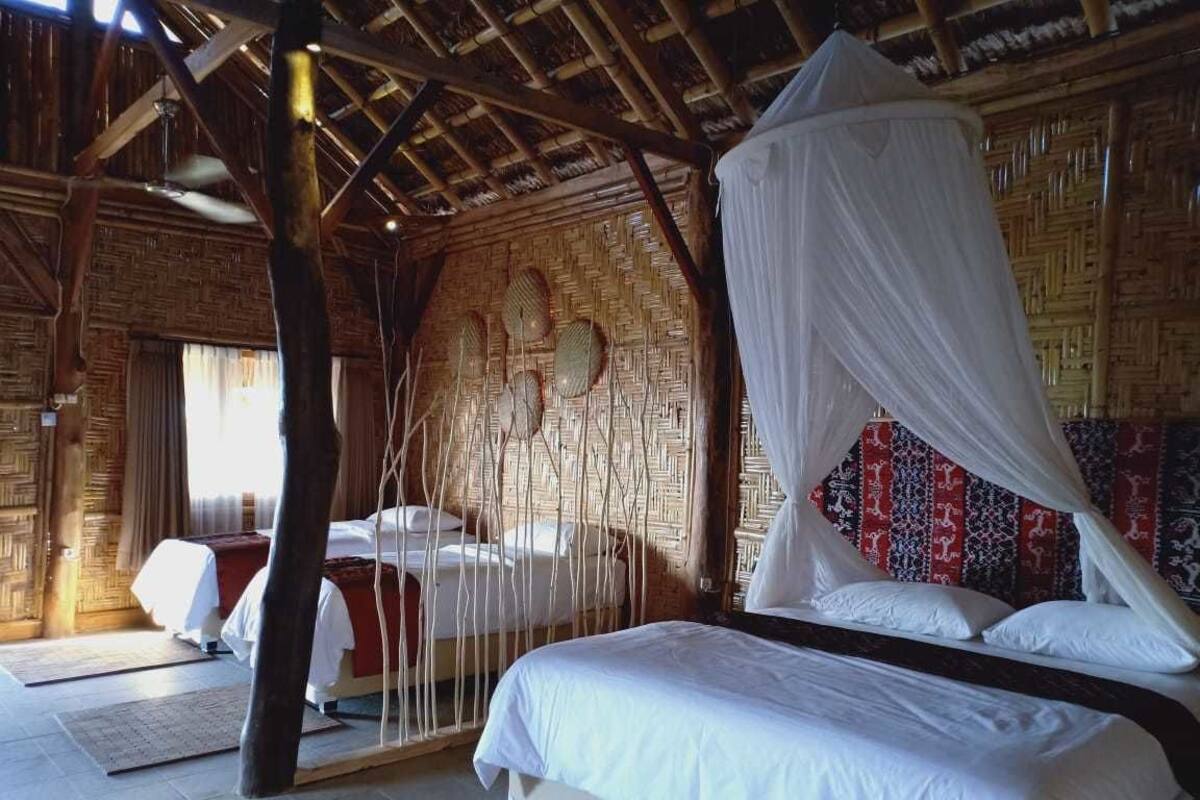 A room with a bed, a hanging chair, and a canopy bed.