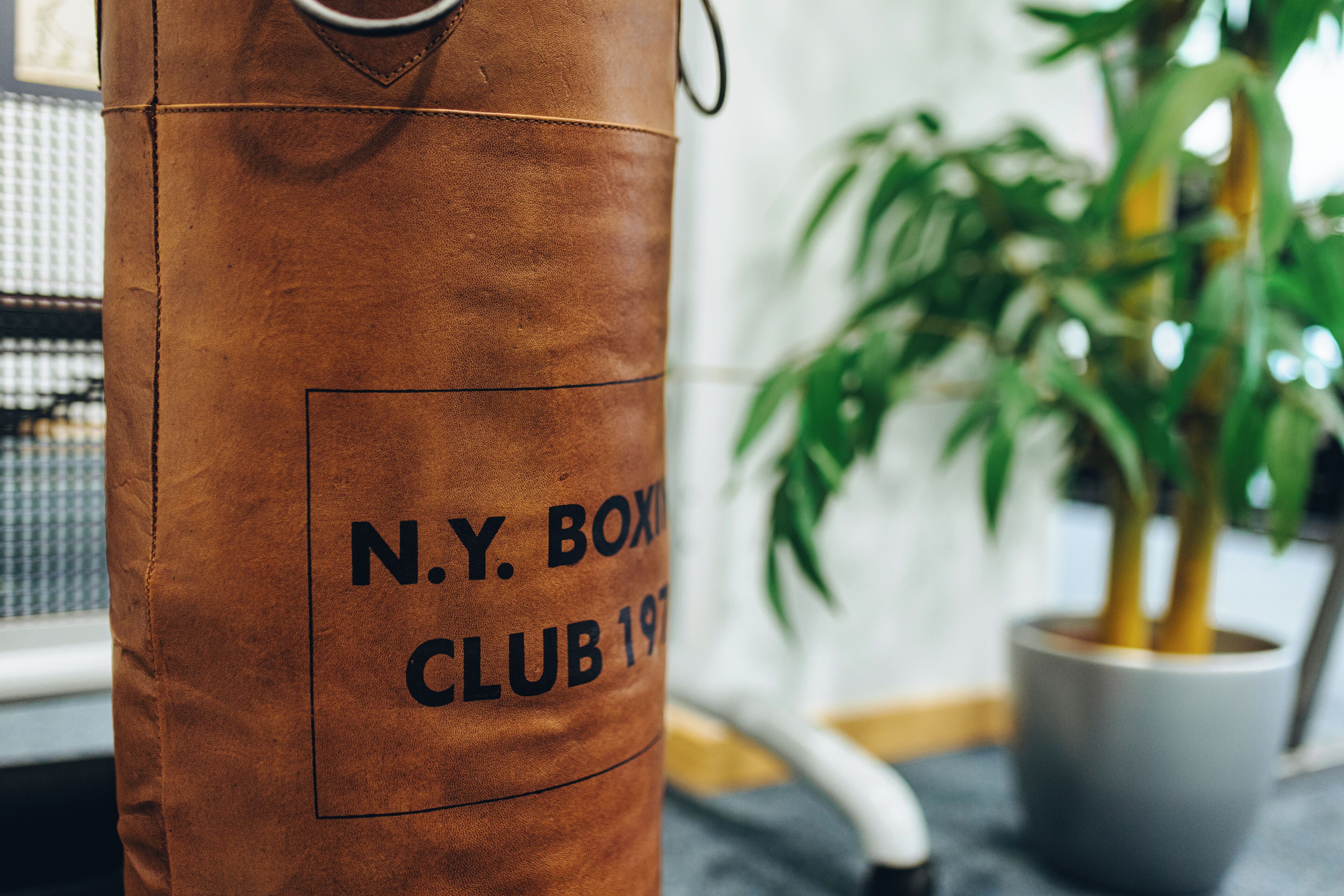 Un saco de boxeo marrón con el texto 'N.Y. BOXING CLUB 197', una planta en maceta y una ventana al fondo.