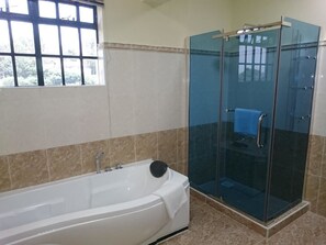 Penthouse, 2 Bedrooms | Bathroom | Separate tub and shower, deep soaking tub, free toiletries, towels
