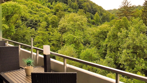 A balcony with wicker furniture and a potted plant, overlooking a dense forested hillside. - DeLuchs bed linen bookable - DeLuchs (Bad Harzburg)