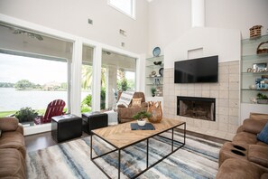 Smart TV, fireplace, video games, DVD player