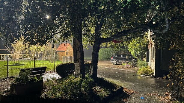 A cobblestone pathway leading to a bench under a tree, with a fence and a building in the background. - La Ferme du Paradis (Merris)