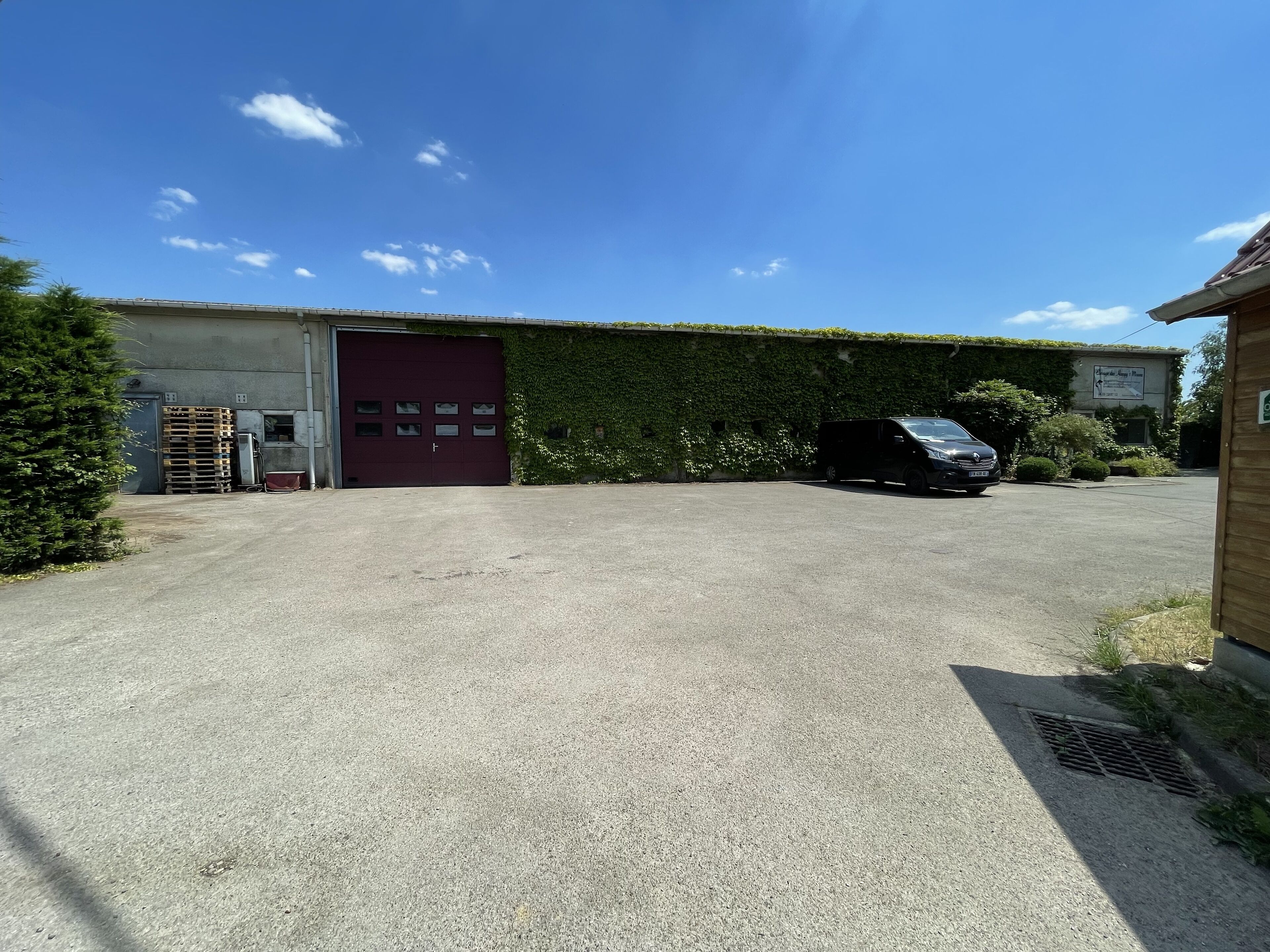 En grusvej fører til en bygning med en rød garageport, en sort varevogn foran og en grøn væg dækket af slyngplanter.