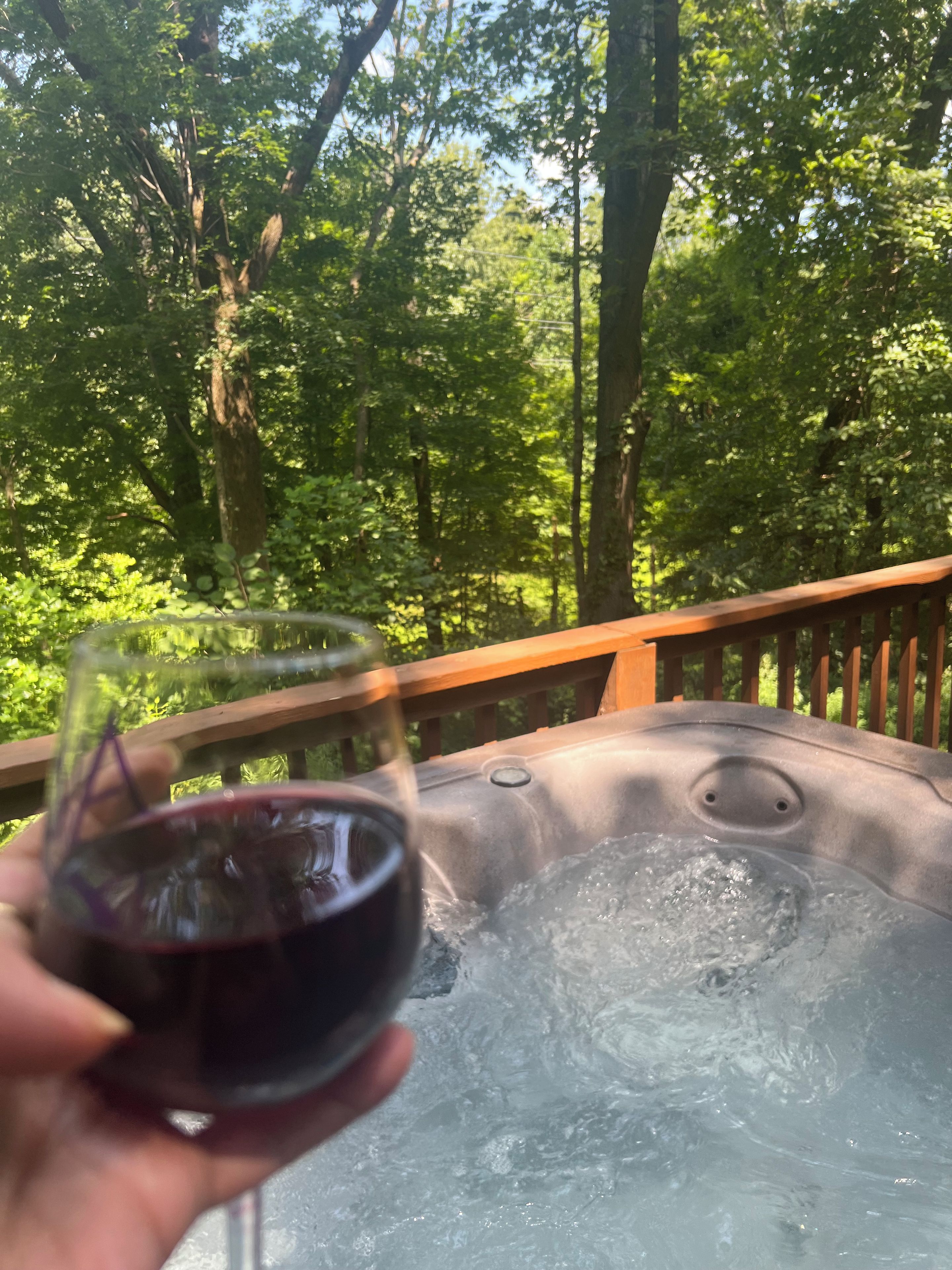 A person holding a glass of red wine with a hot tub in the background surrounded by trees.