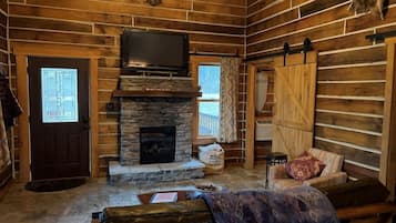 Smart TV, fireplace, books