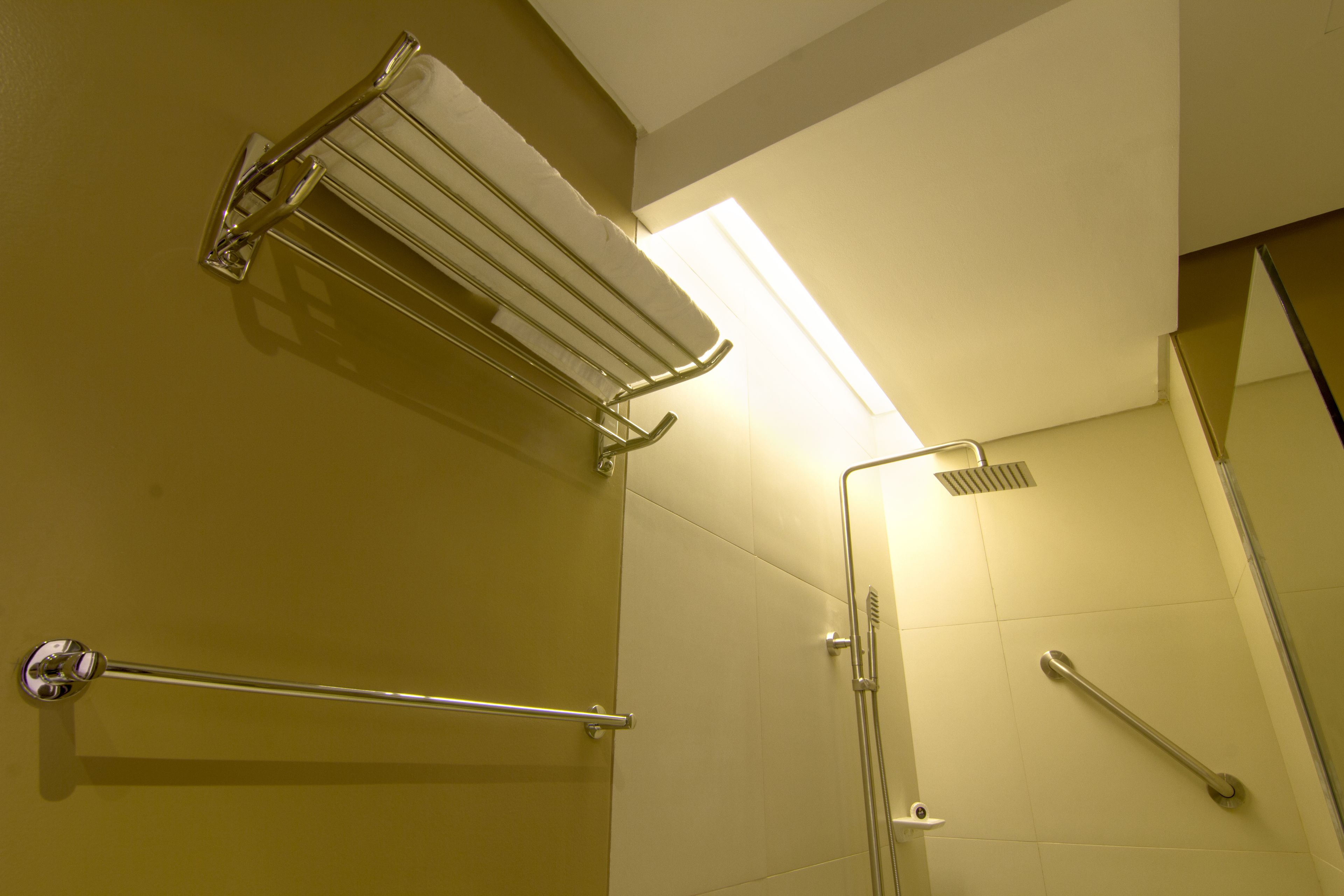 A bathroom with a glass shower enclosure, a towel rack, and a handrail.