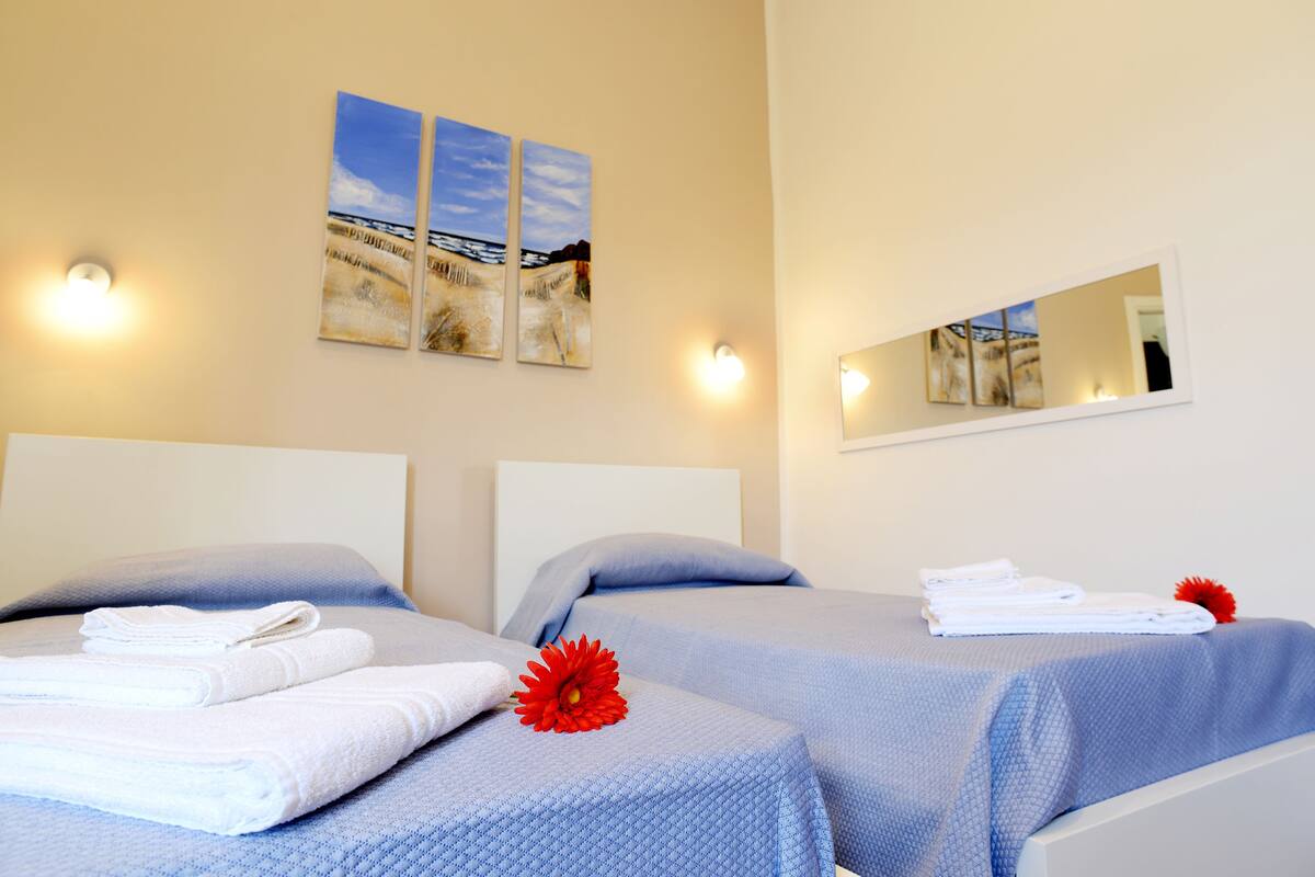 Two twin beds with blue bedding and white towels, a red flower decoration, and wall-mounted artwork depicting a beach scene.