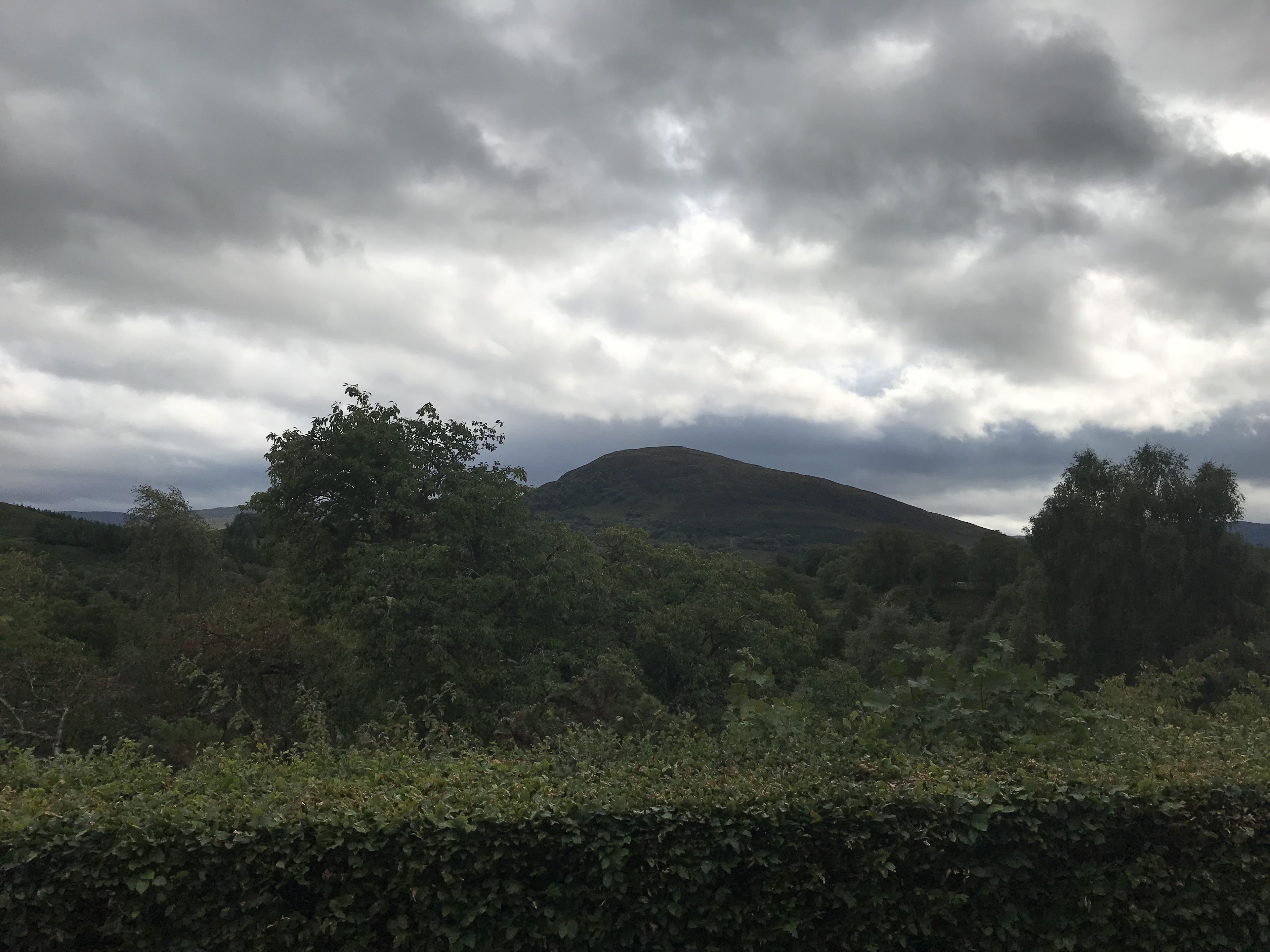 A hilly landscape with dense vegetation and a cloudy sky.