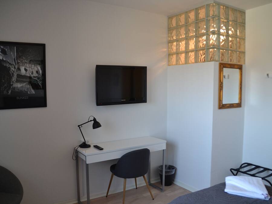 A bedroom with a bed, a desk, a chair, a TV, a mirror, and a window with a view of trees.