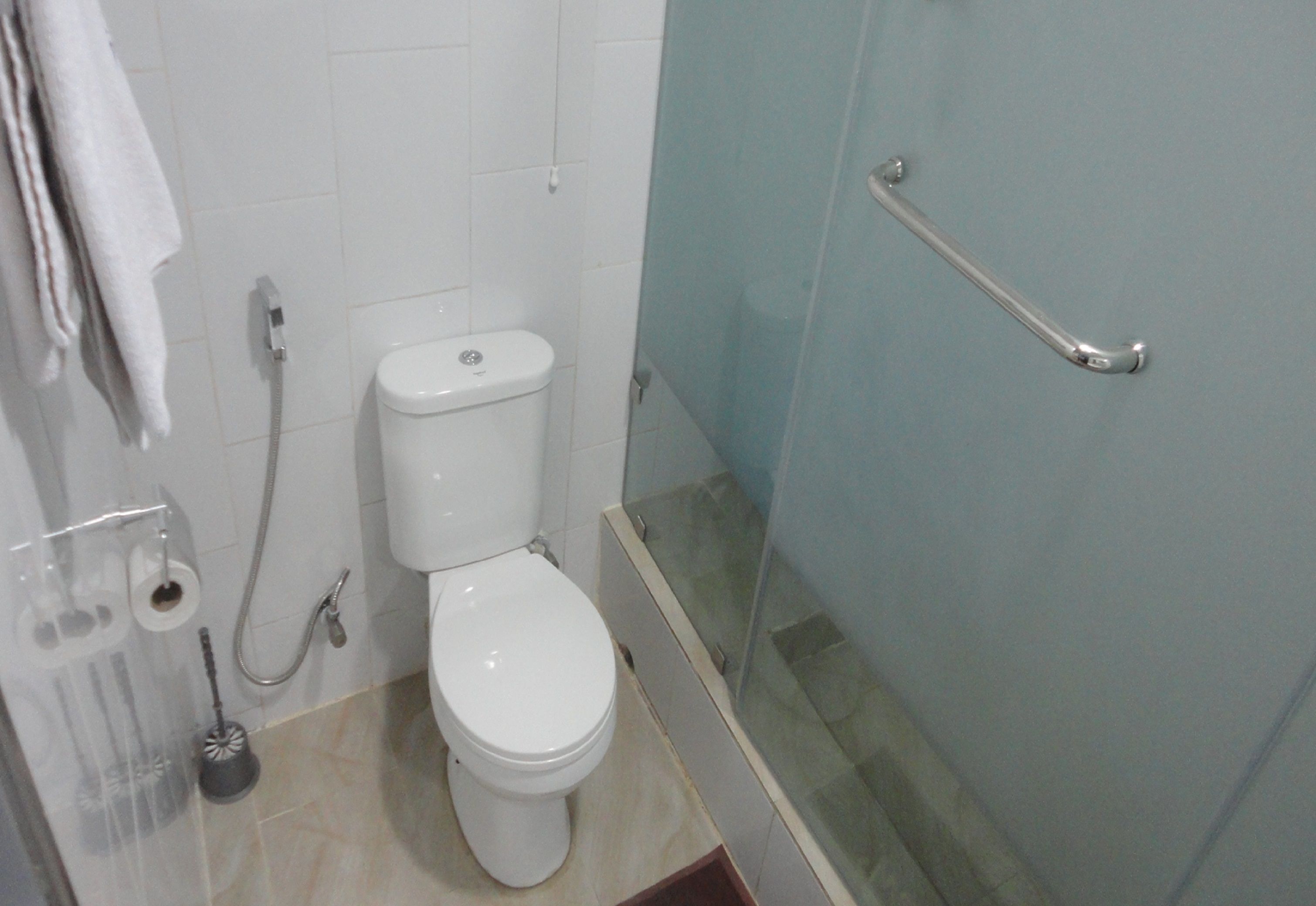 Une salle de bain équipée de toilettes, d’une douche et d’une barre d’appui.