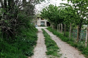 Un camino de grava que lleva a una casa de piedra, con una valla de madera a un lado y abundante vegetación al otro.