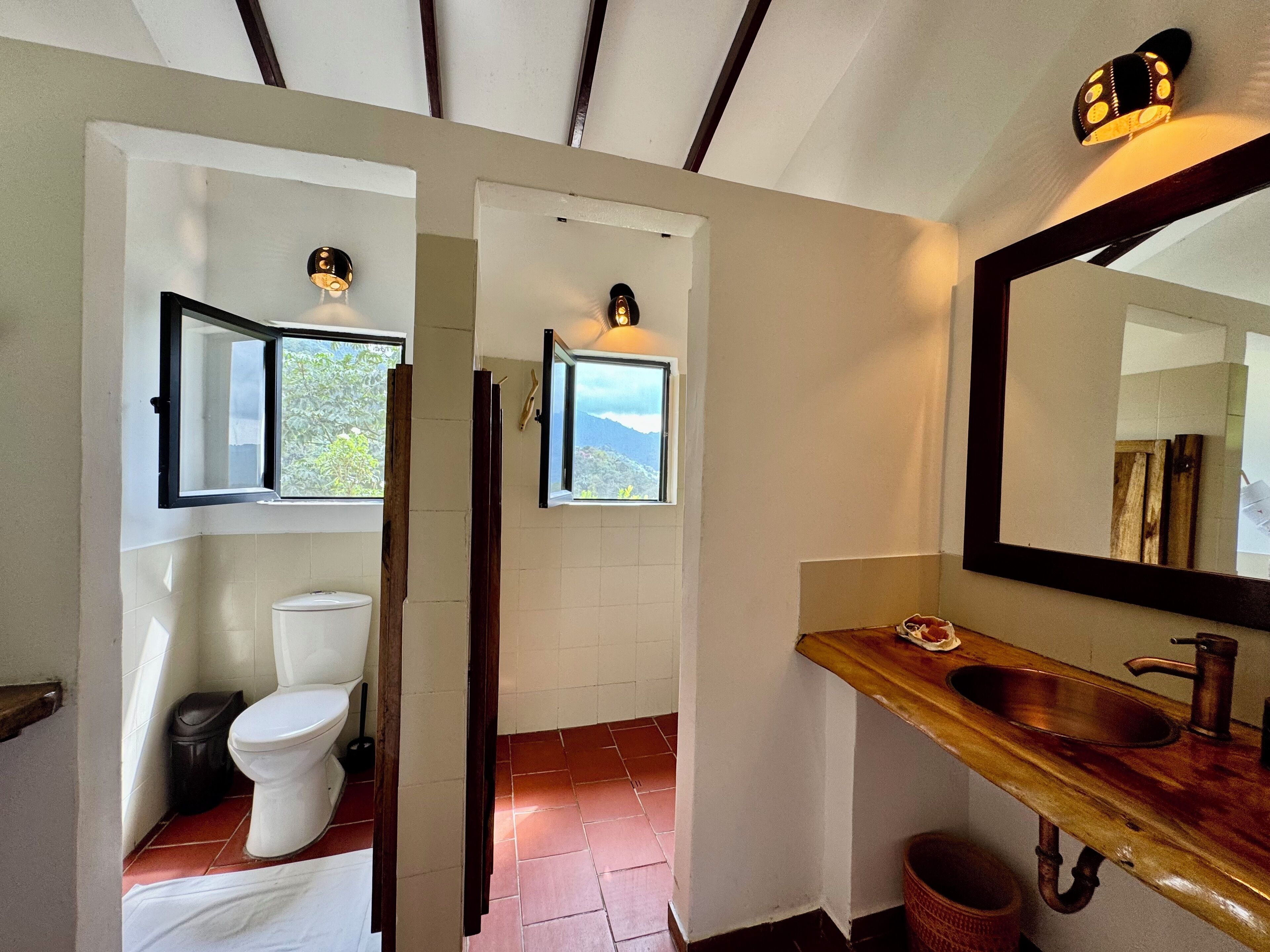 Un baño con inodoro blanco, tocador de madera con lavabo de cobre y espejo. Hay dos luces empotradas en la pared y una ventana con vistas a la vegetación.