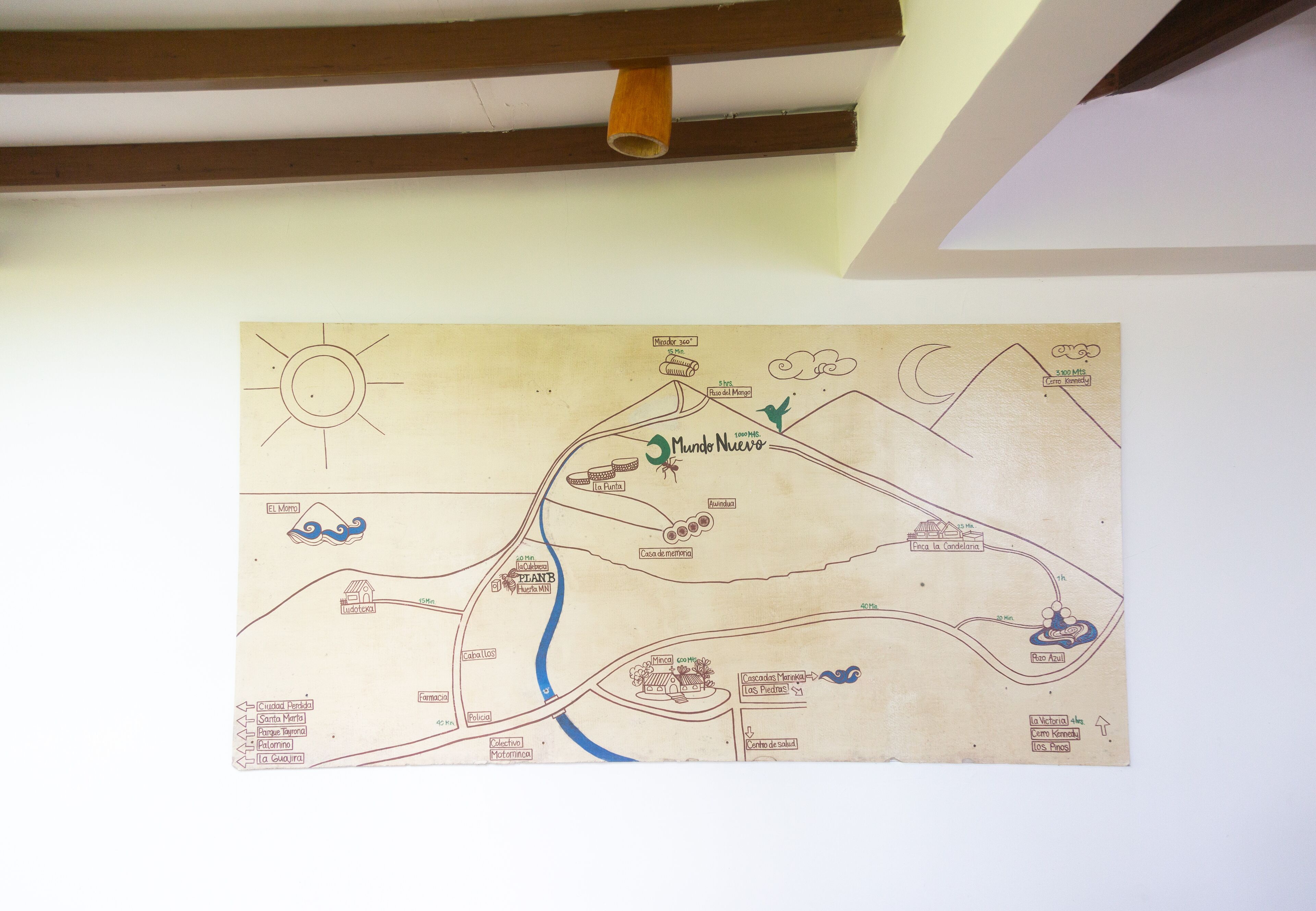 Un mapa de una ubicación con puntos de interés señalados, incluyendo un sol, montañas y un río.