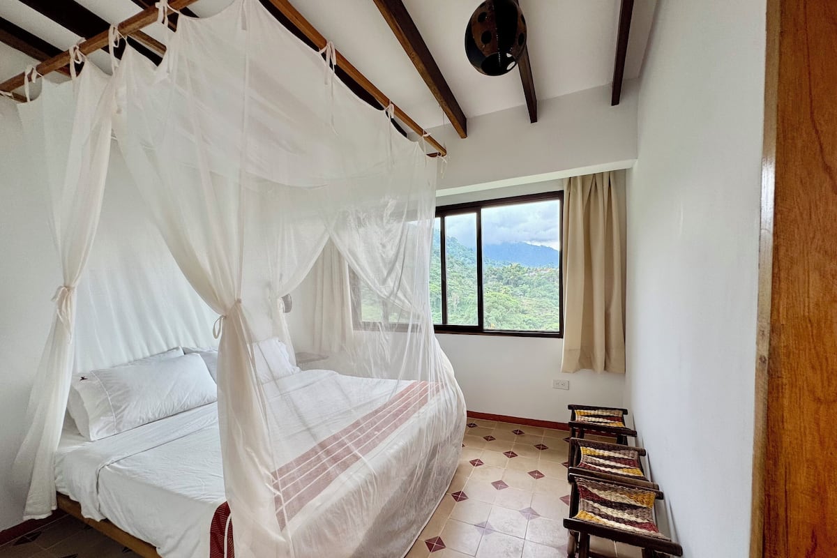A room with a bed under a canopy, a window with a view of greenery, and a patterned floor.